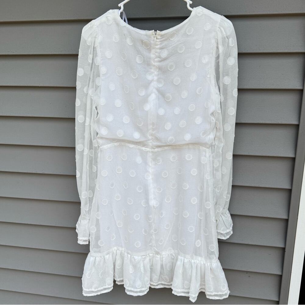 🧡SALE Lulus size M Just Spotted White Polka Dot Ruffled V-Neck Mini Dress - Picture 7 of 12